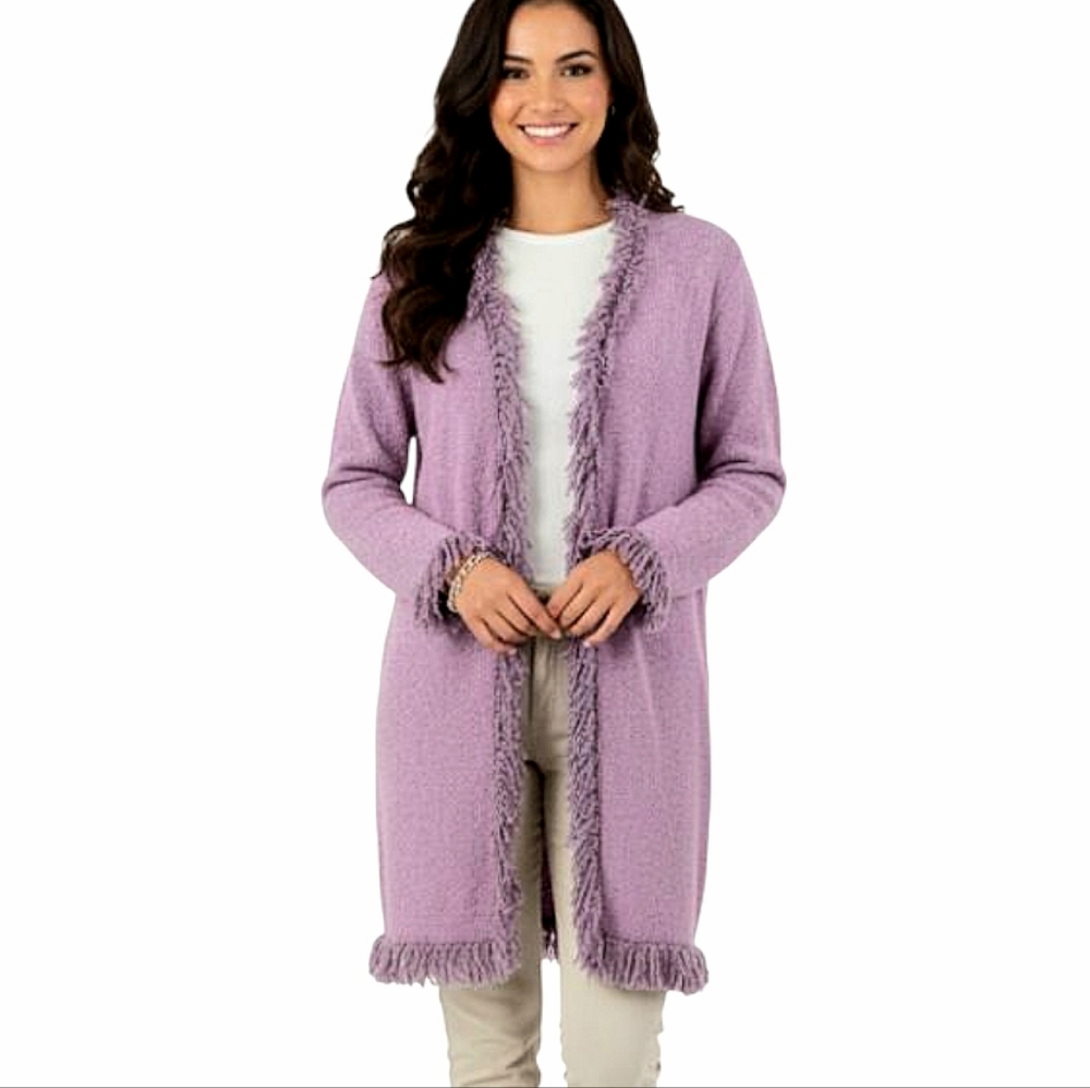 Poppy Wool Blend Fringed Cardigan Pink Nubby Button Front Sz Medium